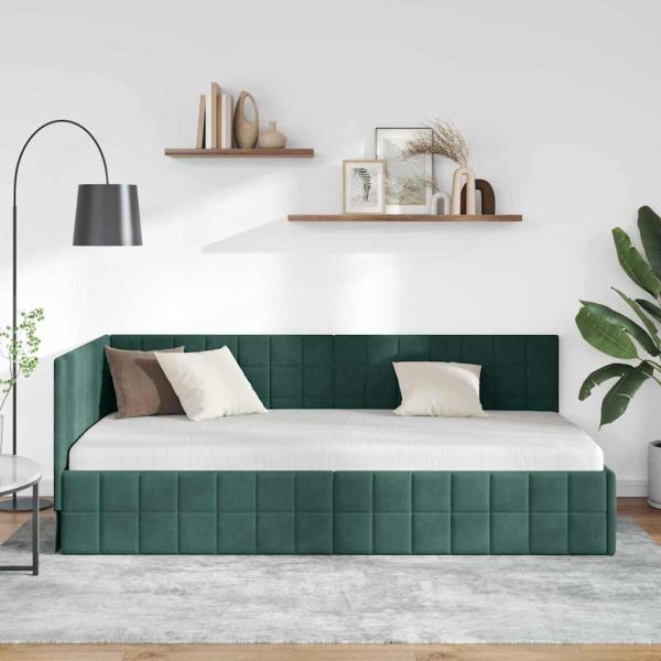 Eckbettgestell mit Kopfteil Dunkelgrün 100 x 200 cm Samt