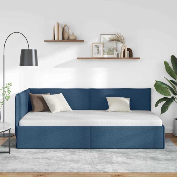 Eckbettgestell mit Kopfteil Blau 80 x 200 cm Stoff