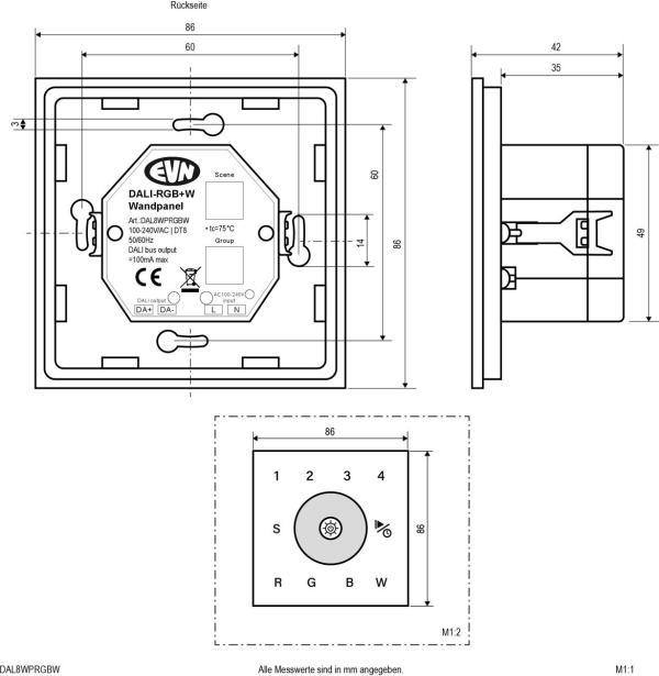 EVN DALI-Wandpanel RGB+W, 100-240V/AC, DT8, 4-Kanal. weiß (DAL8WPRGBW)