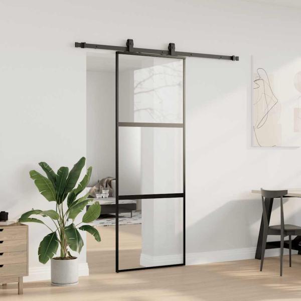 Schiebetür mit Beschlag Schwarz 76x205 cm Hartglas
