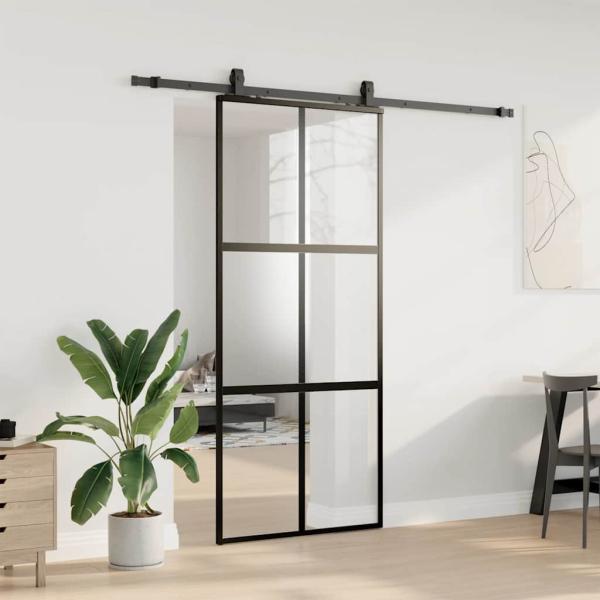 Schiebetür mit Beschlag Schwarz 90x205 cm Hartglas