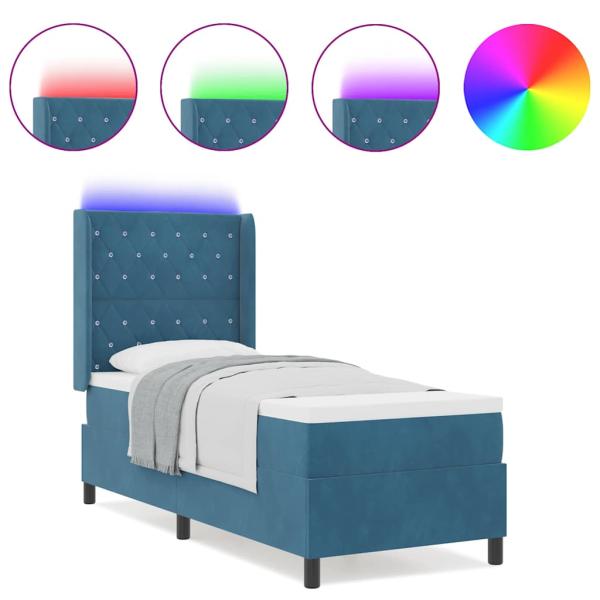 LED Boxspringbett mit Matratze mit Kissen Blau 80 x 200 cm Samt