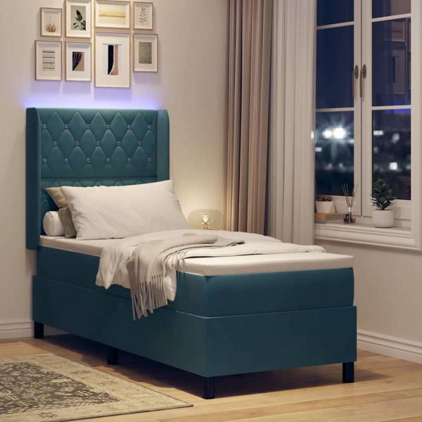 LED Boxspringbett mit Matratze mit Kissen Blau 80 x 200 cm Samt