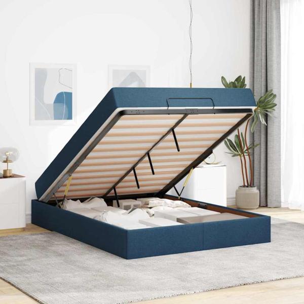 Bettgestell mit Speicher Blau 160 x 200 cm Stoff