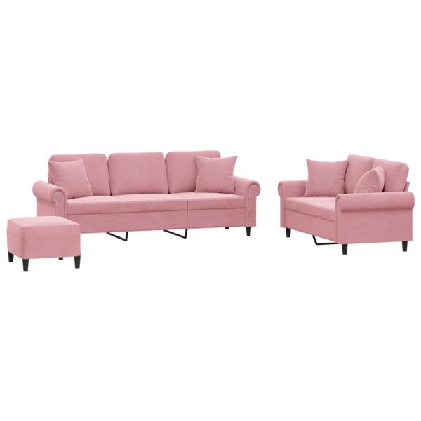 3-tlg. Sofagarnitur mit Kissen Rosa Samt