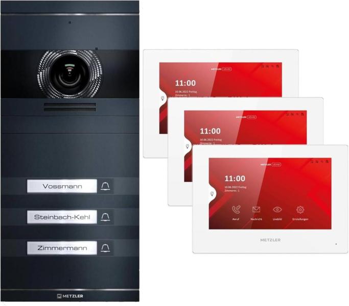 ARDEBO.de Metzler VDM10 2.0 Video Türsprechanlage Komplettset, mit HD-Kamera für 3 Familienhaus, mit austauschbarem Namensschild, LAN/POE, App, Anthrazit, V2A Edelstahl (VDM10-NEO-SET-POE-3T-AN)