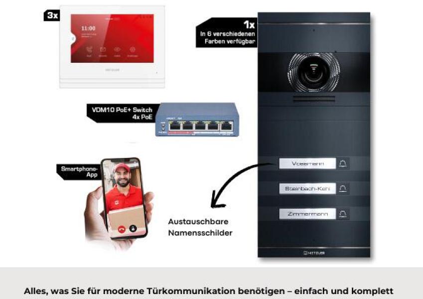 Metzler VDM10 2.0 Video Türsprechanlage Komplettset, mit HD-Kamera für 3 Familienhaus, mit austauschbarem Namensschild, LAN/POE, App, Anthrazit, V2A Edelstahl (VDM10-NEO-SET-POE-3T-AN)