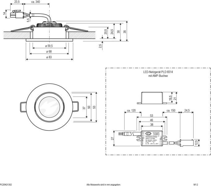 EVN PC20-Serie LED Deckeneinbau, rund, schwenkbar, IP20, 220-240V, 3W, 3000K, 300lm, inkl. Netzgerät, EDS-Optik STL (PC20N31302)