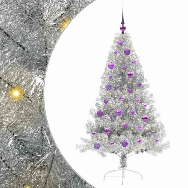 Künstlicher vorbeleuchteter Weihnachtsbaum Silber 150 cm PET