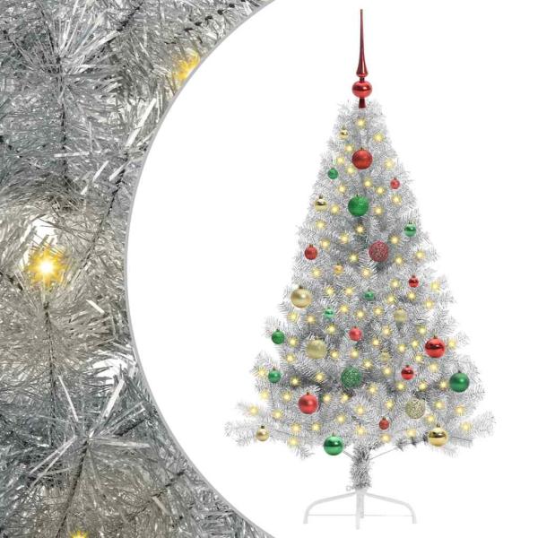 Künstlicher vorbeleuchteter Weihnachtsbaum Silber 150 cm PET