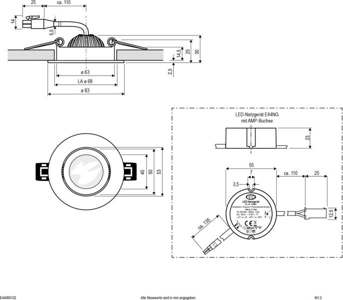 EVN LED COMPACTO68 Deckeneinbau, rund, schwenkbar, IP44, 200-240V, 6W, 3000K, 683lm, inkl. dimmbaren Netzgerät, weiß (E44060102)