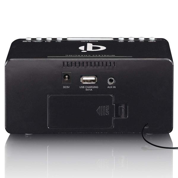 Stereo FM Radiowecker mit USB und Qi Wireless Smartphone-Ladung Schwarz