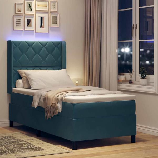 LED Boxspringbett mit Matratze Blau 90 x 200 cm Samt