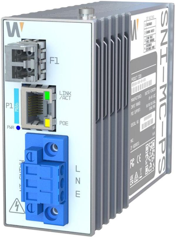 ARDEBO.de Hanwha Vision industrieller netzbetriebener Mini-Medienkonverter, mit 30/60/90 W PoE (SNI-1MC-PS)