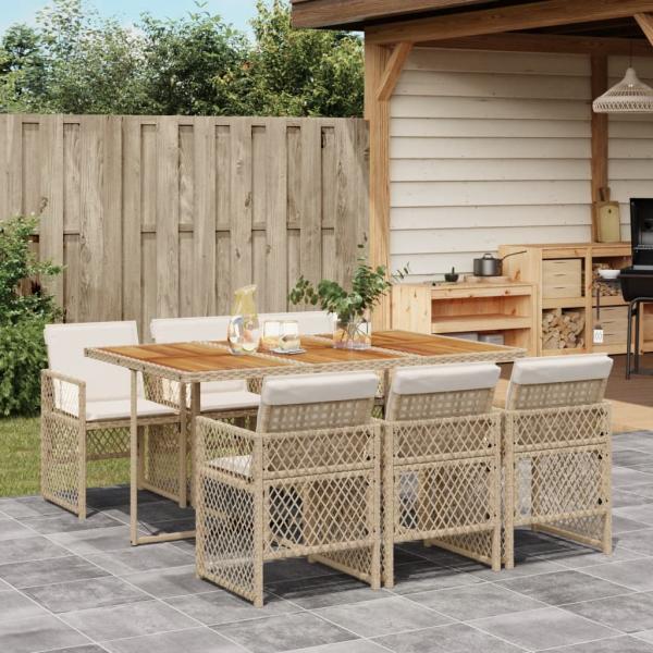 ARDEBO.de - 7-tlg. Garten-Essgruppe mit Kissen Beige Poly Rattan