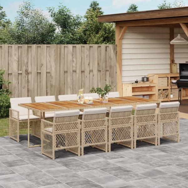 ARDEBO.de - 11-tlg. Garten-Essgruppe mit Kissen Beige Poly Rattan