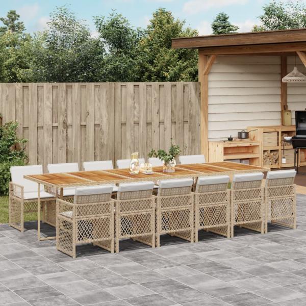 ARDEBO.de - 13-tlg. Garten-Essgruppe mit Kissen Beige Poly Rattan