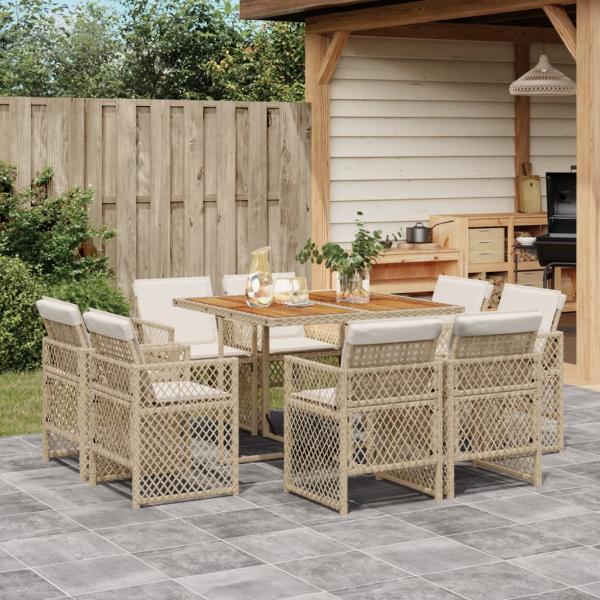 ARDEBO.de - 9-tlg. Garten-Essgruppe mit Kissen Beige Poly Rattan