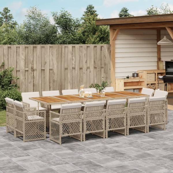 ARDEBO.de - 15-tlg. Garten-Essgruppe mit Kissen Beige Poly Rattan