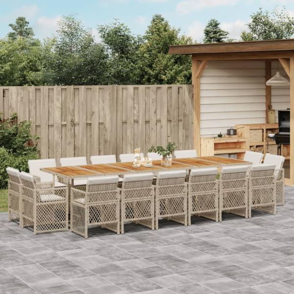 ARDEBO.de - 17-tlg. Garten-Essgruppe mit Kissen Beige Poly Rattan