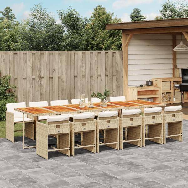 ARDEBO.de - 13-tlg. Garten-Essgruppe mit Kissen Beige Poly Rattan