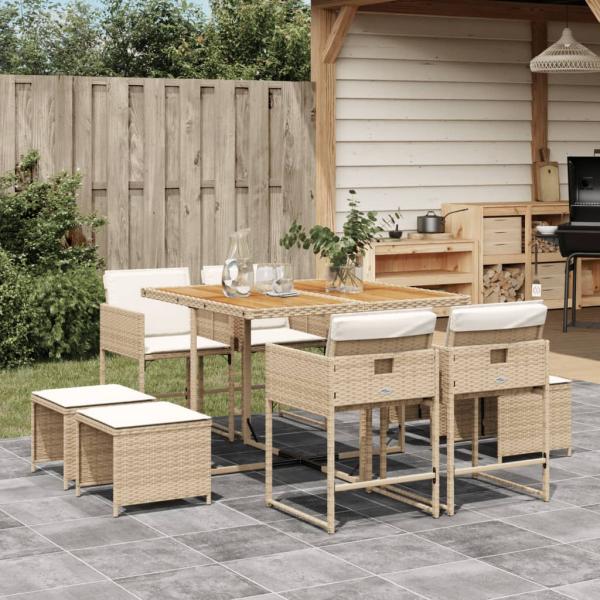 ARDEBO.de - 9-tlg. Garten-Essgruppe mit Kissen Beige Poly Rattan