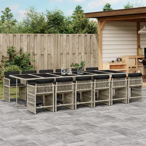 ARDEBO.de - 13-tlg. Garten-Essgruppe mit Kissen Hellgrau Poly Rattan