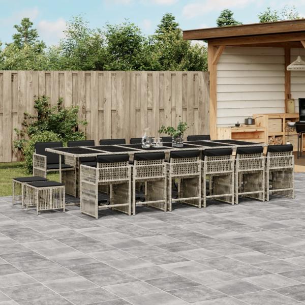 ARDEBO.de - 17-tlg. Garten-Essgruppe mit Kissen Hellgrau Poly Rattan