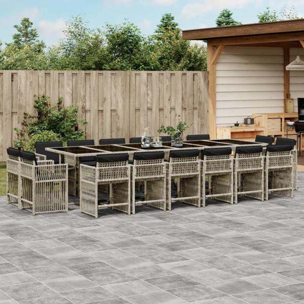 ARDEBO.de - 17-tlg. Garten-Essgruppe mit Kissen Hellgrau Poly Rattan