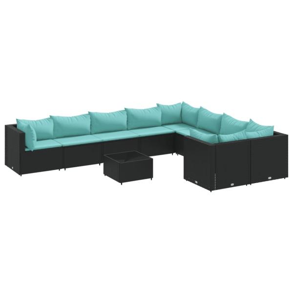 10-tlg. Garten-Sofagarnitur mit Kissen Schwarz Poly Rattan