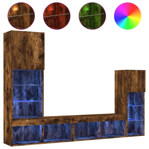 4-tlg. Wohnwand mit LED-Beleuchtung Räuchereiche Holzwerkstoff