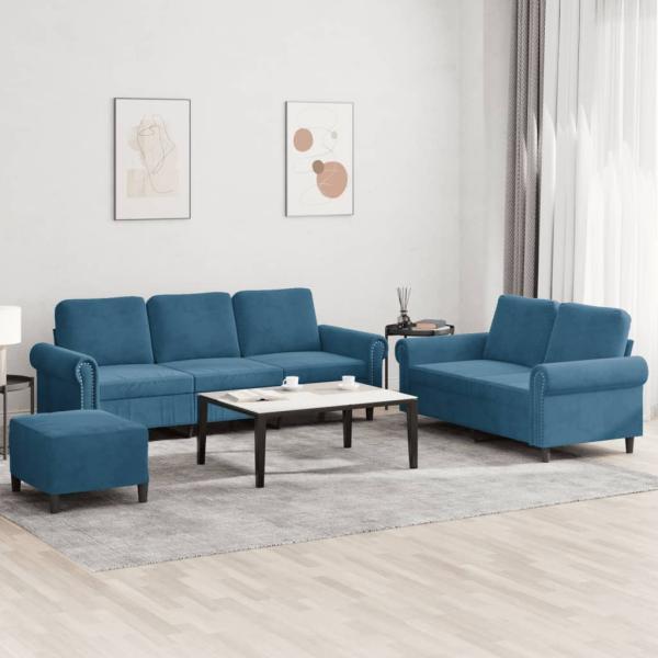 ARDEBO.de - 3-tlg. Sofagarnitur mit Kissen Blau Samt
