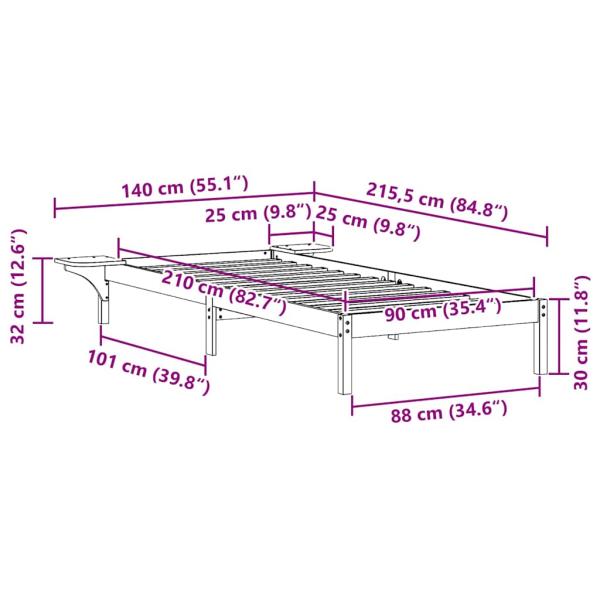 Bettgestell mit Nachttischen Wachsbraun 90 x 210 cm