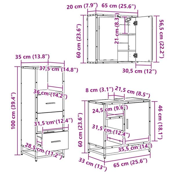 Badezimmermöbel Set 3 pcs Schwarz Eichen-Optik 65 x 33 x 60 cm
