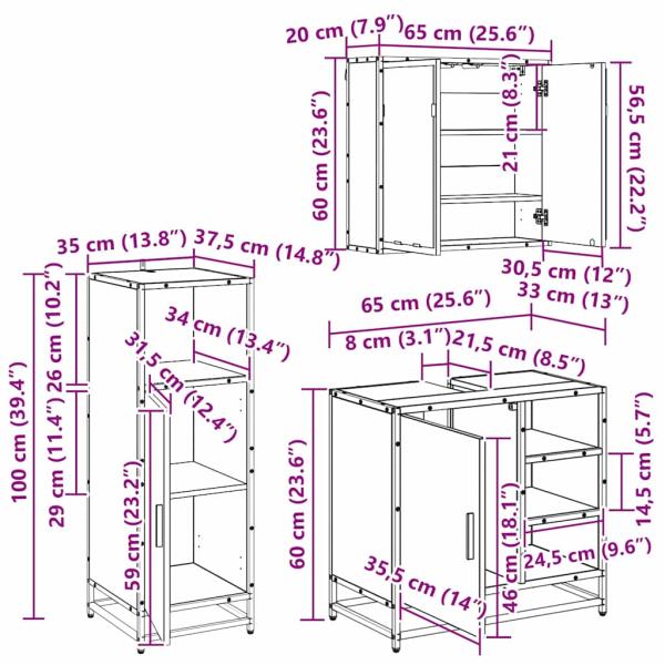 Badezimmermöbel Set 3 pcs Schwarz Eichen-Optik 65 x 33 x 60 cm