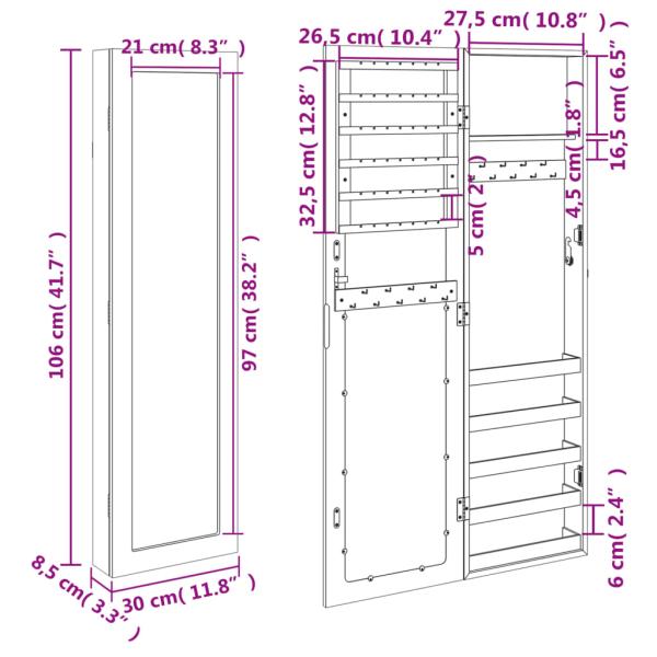 Schmuckschrank mit Spiegel Wandmontage 30x8,5x106 cm