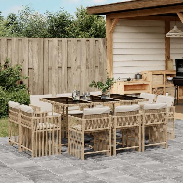 ARDEBO.de - 11-tlg. Garten-Essgruppe mit Kissen Beige Poly Rattan