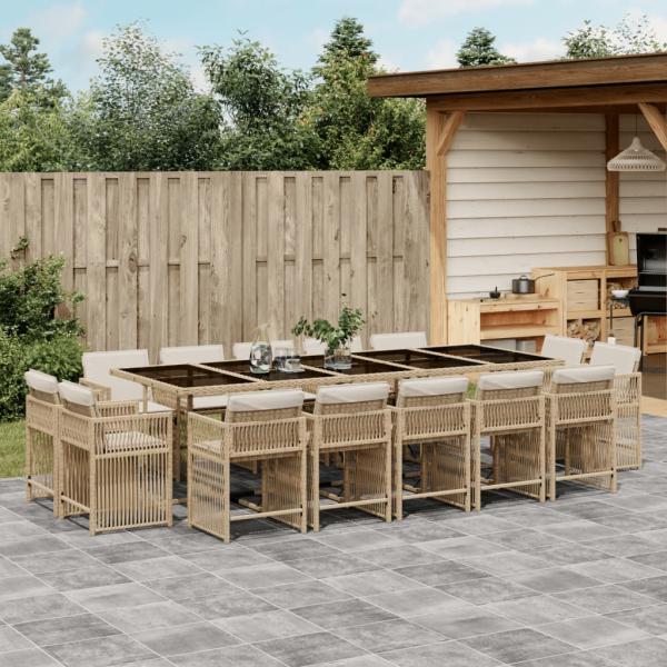 ARDEBO.de - 15-tlg. Garten-Essgruppe mit Kissen Beige Poly Rattan