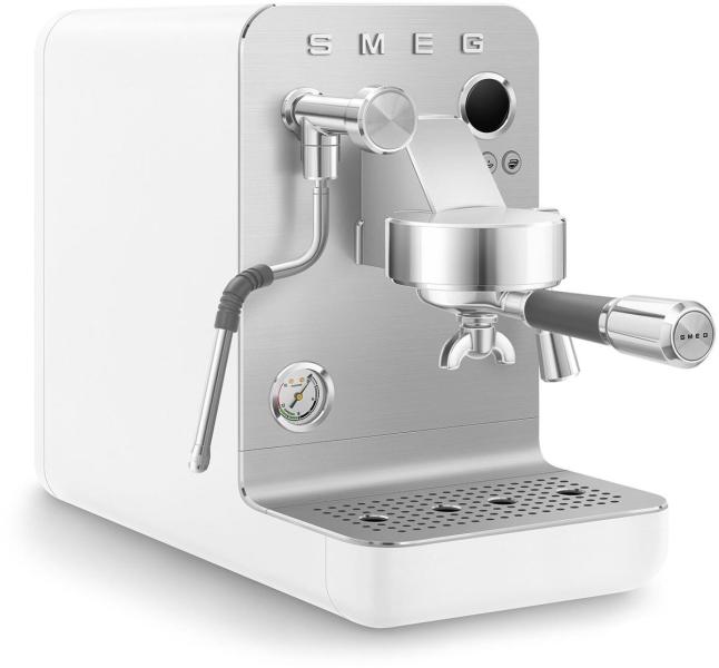 Smeg EMC02WHMEU Espresso-Kaffeemaschine Minipro, 1700 W, Dreifacher Thermoblock, LCD-Display, Timer Bezugszeit, Siebträger Ø58 mm, weiß