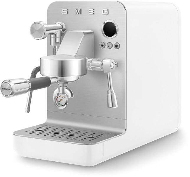 Smeg EMC02WHMEU Espresso-Kaffeemaschine Minipro, 1700 W, Dreifacher Thermoblock, LCD-Display, Timer Bezugszeit, Siebträger Ø58 mm, weiß