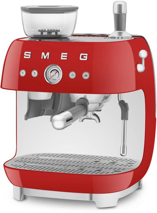 Smeg EGF03RDEU 50"s Style Siebträgermaschine, integrierter Kaffeemühle, 1650 W, 20 bar Brühdruck, 15 bar Dampfdruck, 4 Brühfunktionen, rot