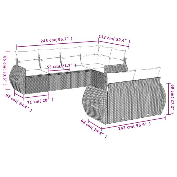 7-teiliges Gartensofa-Set mit Kissen, schwarzes Polyrattan