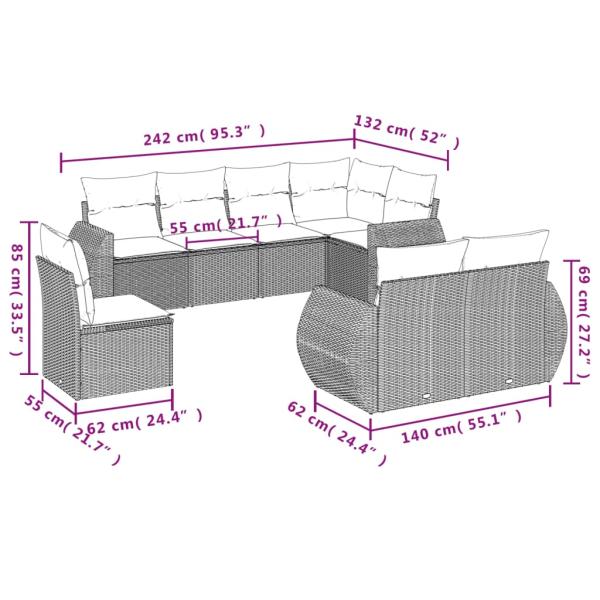8-teiliges Gartensofa-Set mit Kissen, schwarzes Polyrattan
