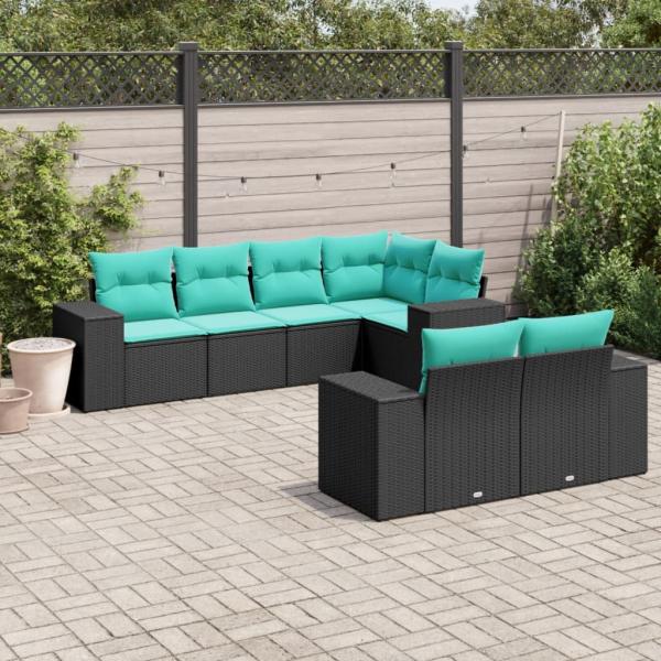 ARDEBO.de - 7-teiliges Gartensofa-Set mit Kissen, schwarzes Polyrattan