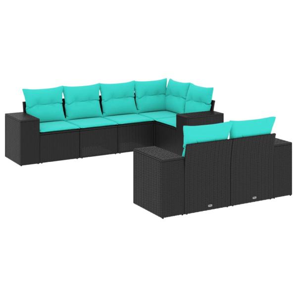 7-teiliges Gartensofa-Set mit Kissen, schwarzes Polyrattan