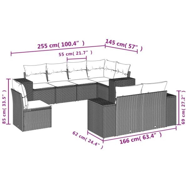 8-teiliges Gartensofa-Set mit Kissen, schwarzes Polyrattan