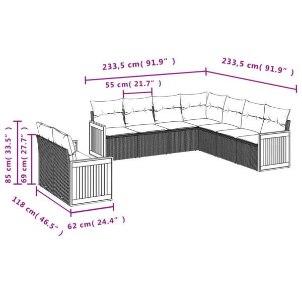 9-teiliges Gartensofa-Set mit Kissen, schwarzes Polyrattan