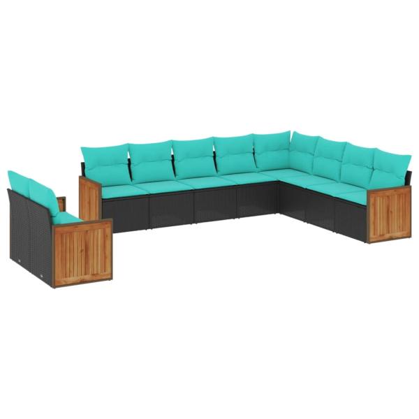 10-teiliges Gartensofa-Set mit Kissen, schwarzes Polyrattan
