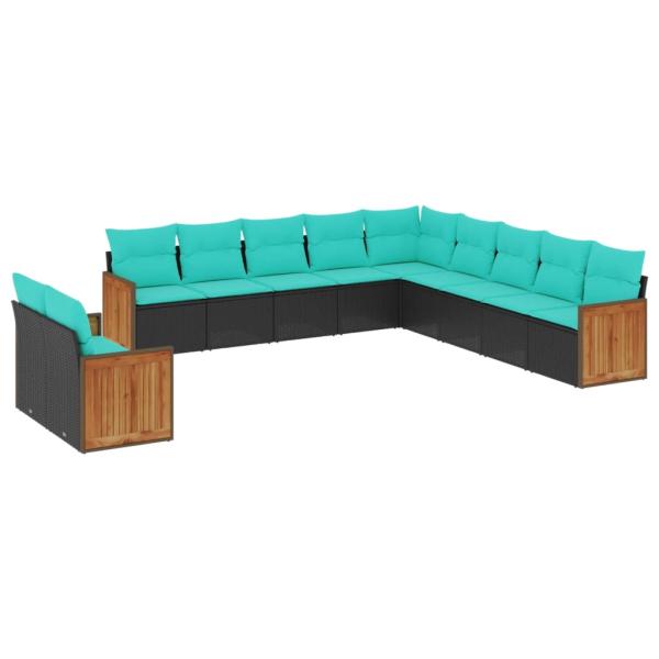 11-teiliges Gartensofa-Set mit Kissen, schwarzes Polyrattan