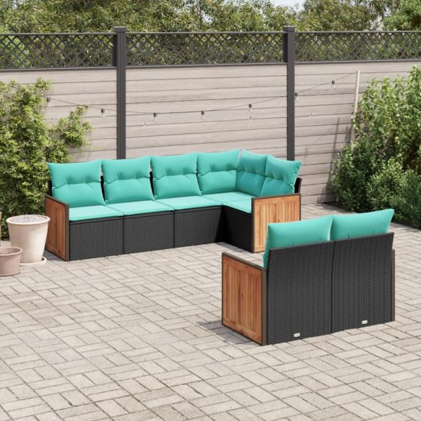 ARDEBO.de - 7-teiliges Gartensofa-Set mit Kissen, schwarzes Polyrattan